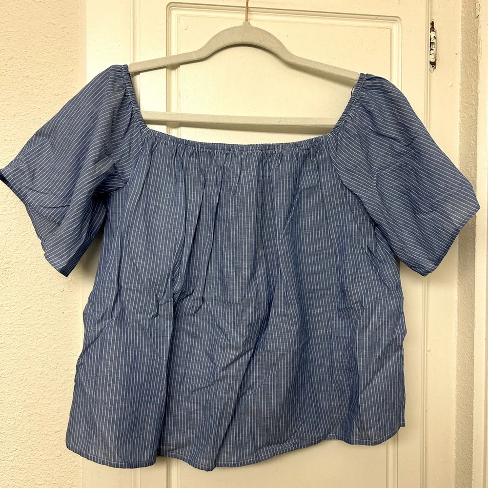 Express Peasant Linen Blend Top Smocked Style Stripes Size Medium Ruffle sleeves - Picture 2 of 8